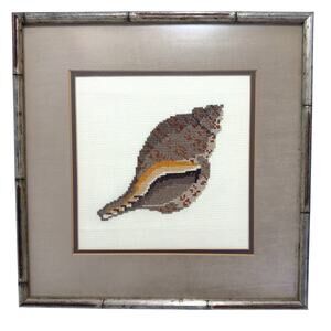 Vintage Seashell Needlepoint Bamboo Framed Art Gray Beach Seaside